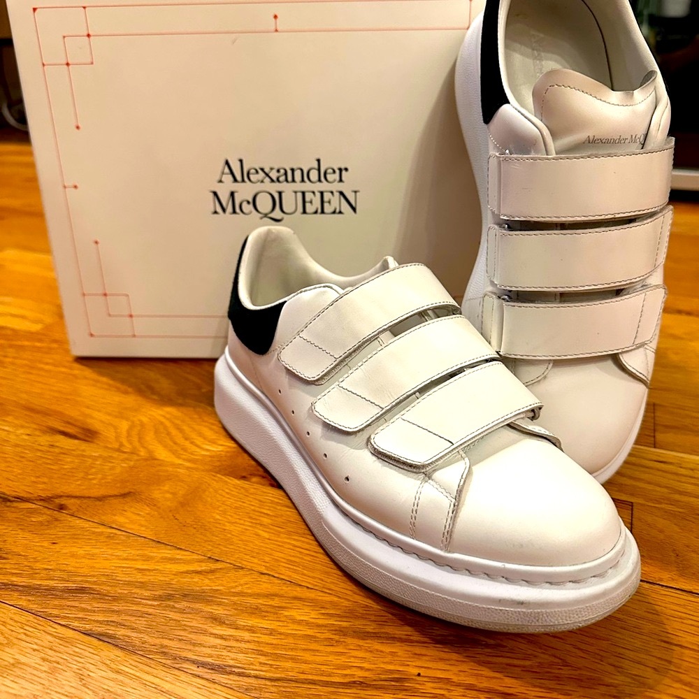 Alexander McQueen White Leather Velcro Strap Sneakers with Black Heel Tab